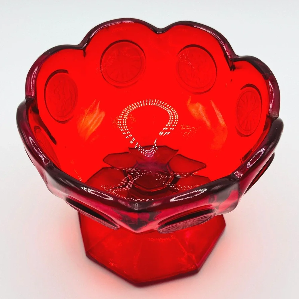 Fostoria Coin Glass Ruby Red Footed Compote Candy Dish UV Reactive Vintage